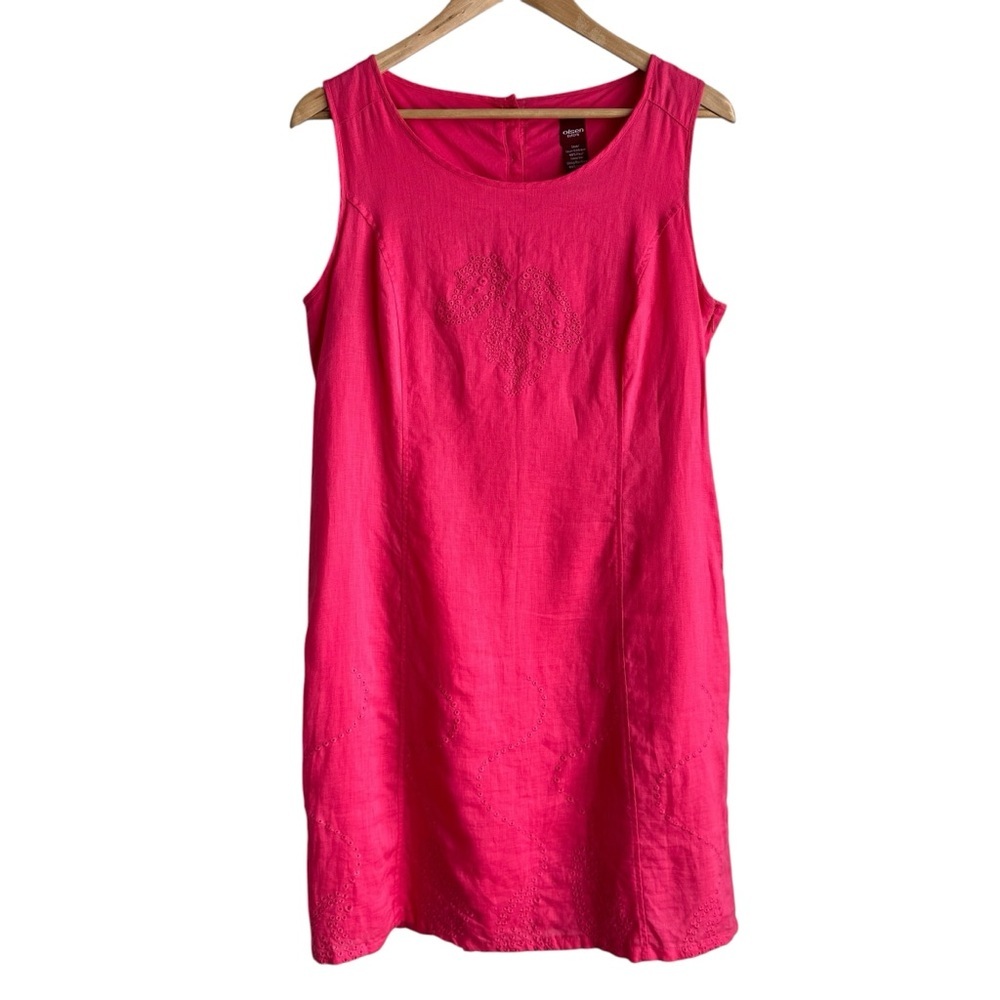 Olsen 100% Linen Shift Dress Sz 8 Pink Sleeveless Eyelet Lace Knee Length Summer